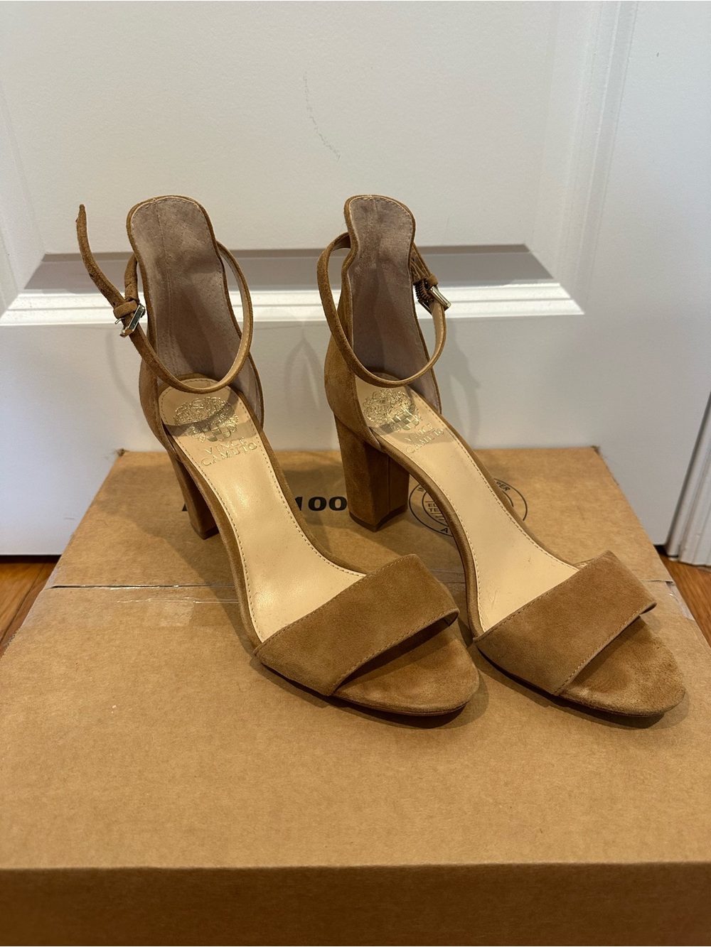 Vince Camuto Tan Suede Block Heel Sandals with Ankle Strap